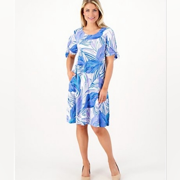 Susan Graver Printed Regular Liquid Knit A-Line Dress Sleeve Ties Pockets XL - Picture 3 of 11